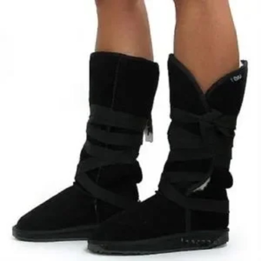 Emu Black Ribbon Lace-Up Fleece Lined Winter Boots